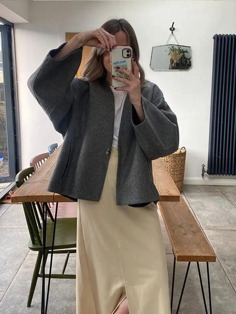 Back To School Joskaa Grey Button Fashion V-neck Wool Short Jacket Women's Long Sleeved Casual Style Cardigan Jackets 2024 Chic Autumn Lady Outerwear