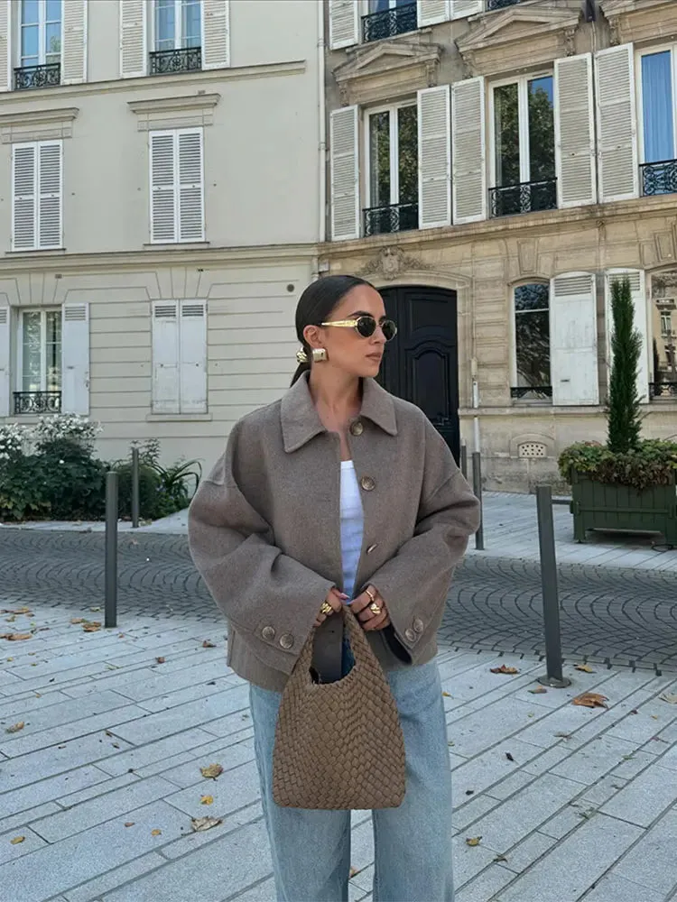 Back To School Joskaa Grey Button Fashion V-neck Wool Short Jacket Women's Long Sleeved Casual Style Cardigan Jackets 2024 Chic Autumn Lady Outerwear