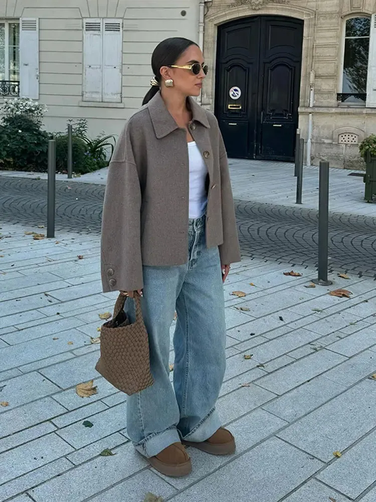 Back To School Joskaa Grey Button Fashion V-neck Wool Short Jacket Women's Long Sleeved Casual Style Cardigan Jackets 2024 Chic Autumn Lady Outerwear