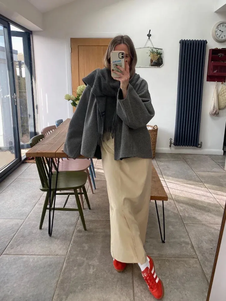Back To School Joskaa Grey Button Fashion V-neck Wool Short Jacket Women's Long Sleeved Casual Style Cardigan Jackets 2024 Chic Autumn Lady Outerwear