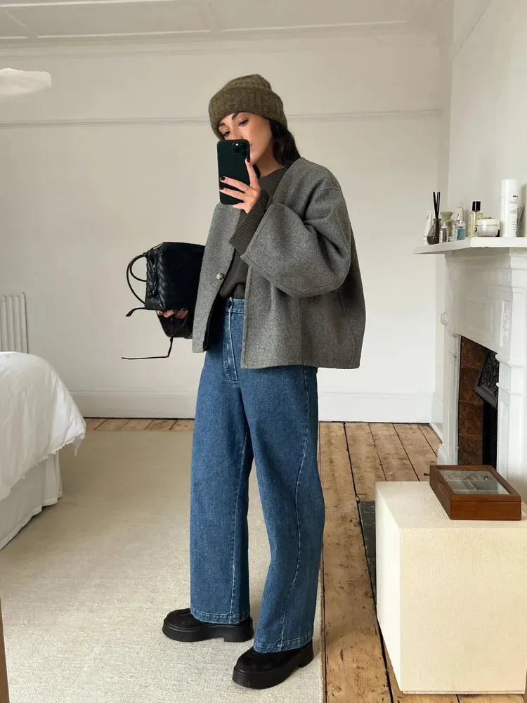 Back To School Joskaa Grey Button Fashion V-neck Wool Short Jacket Women's Long Sleeved Casual Style Cardigan Jackets 2024 Chic Autumn Lady Outerwear