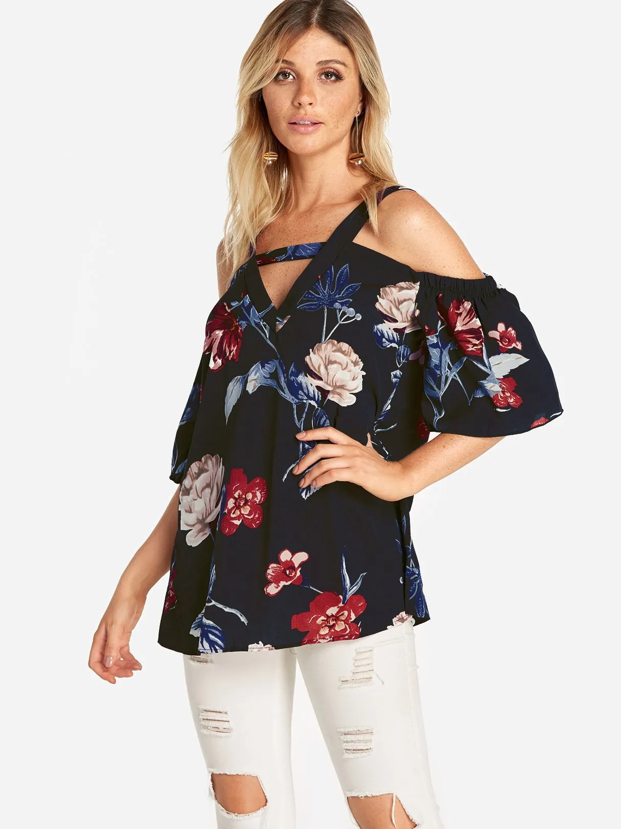 Custom Cold Shoulder Floral Print Cut Out Pleated Half Sleeve Blouses