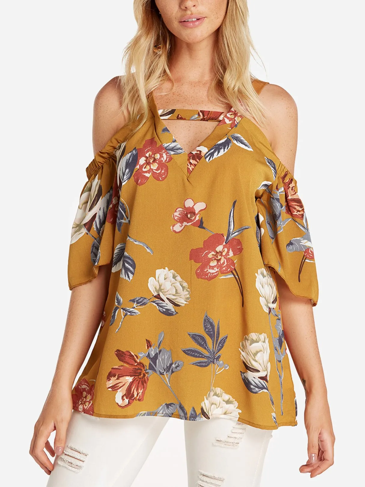 Custom Cold Shoulder Floral Print Cut Out Pleated Half Sleeve Blouses