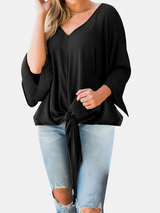 Custom V-Neck Plain Self-Tie Long Sleeve Blouses
