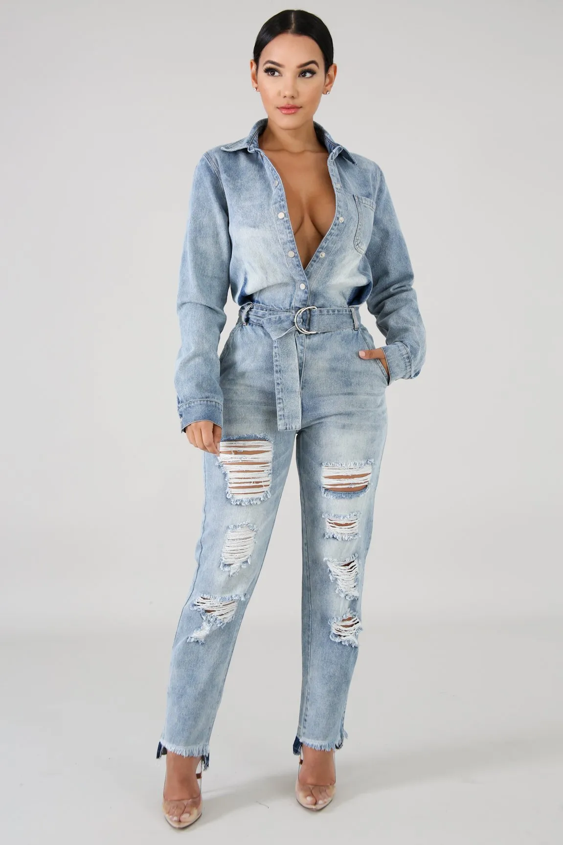Denim Distressed Jumpsuit