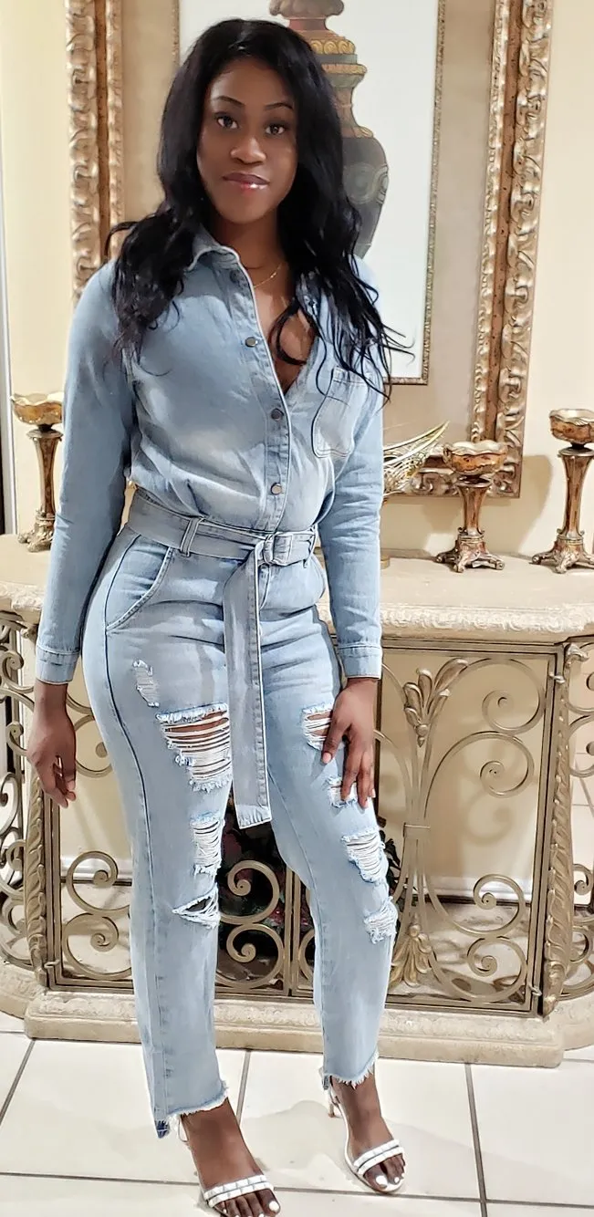 Denim Distressed Jumpsuit