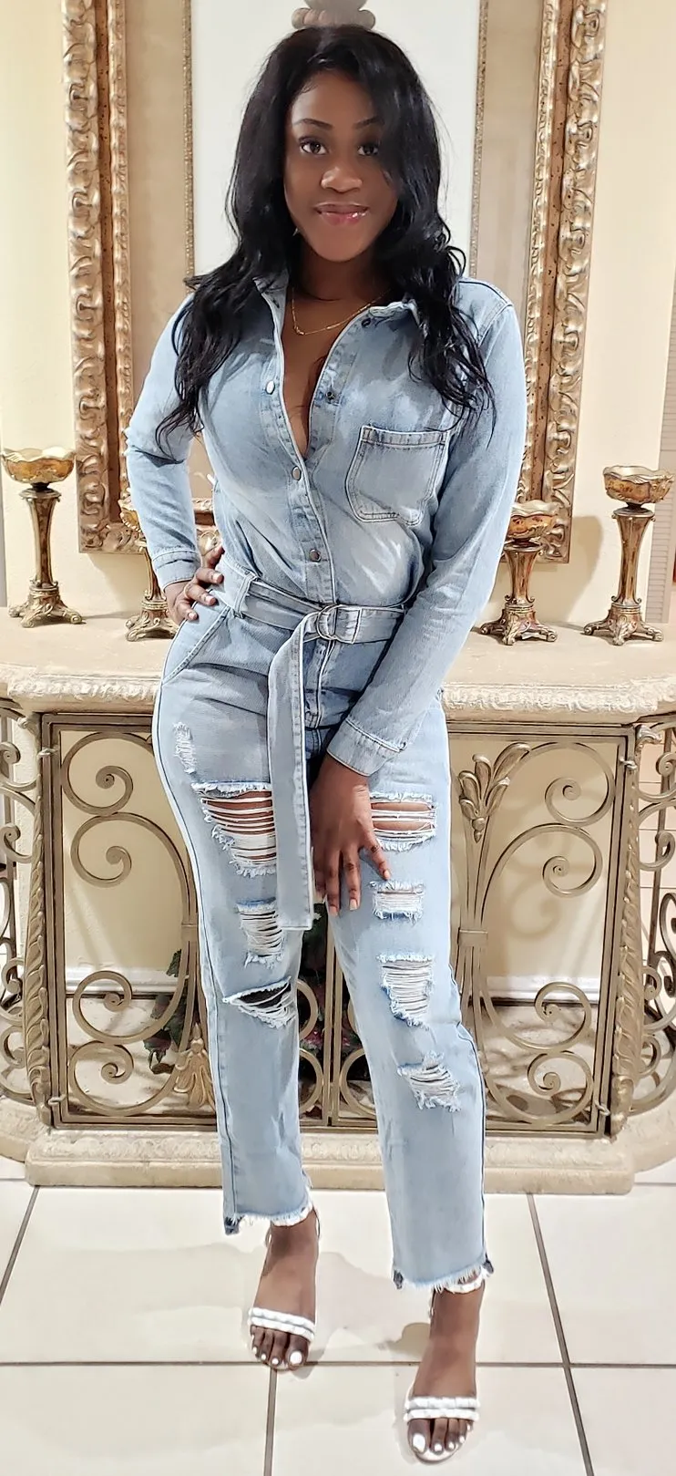 Denim Distressed Jumpsuit