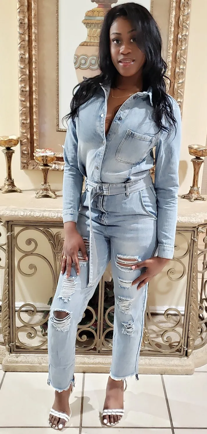 Denim Distressed Jumpsuit