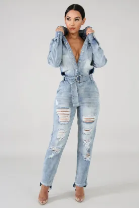 Denim Distressed Jumpsuit