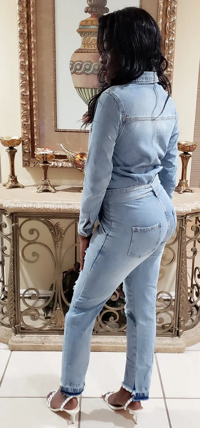 Denim Distressed Jumpsuit