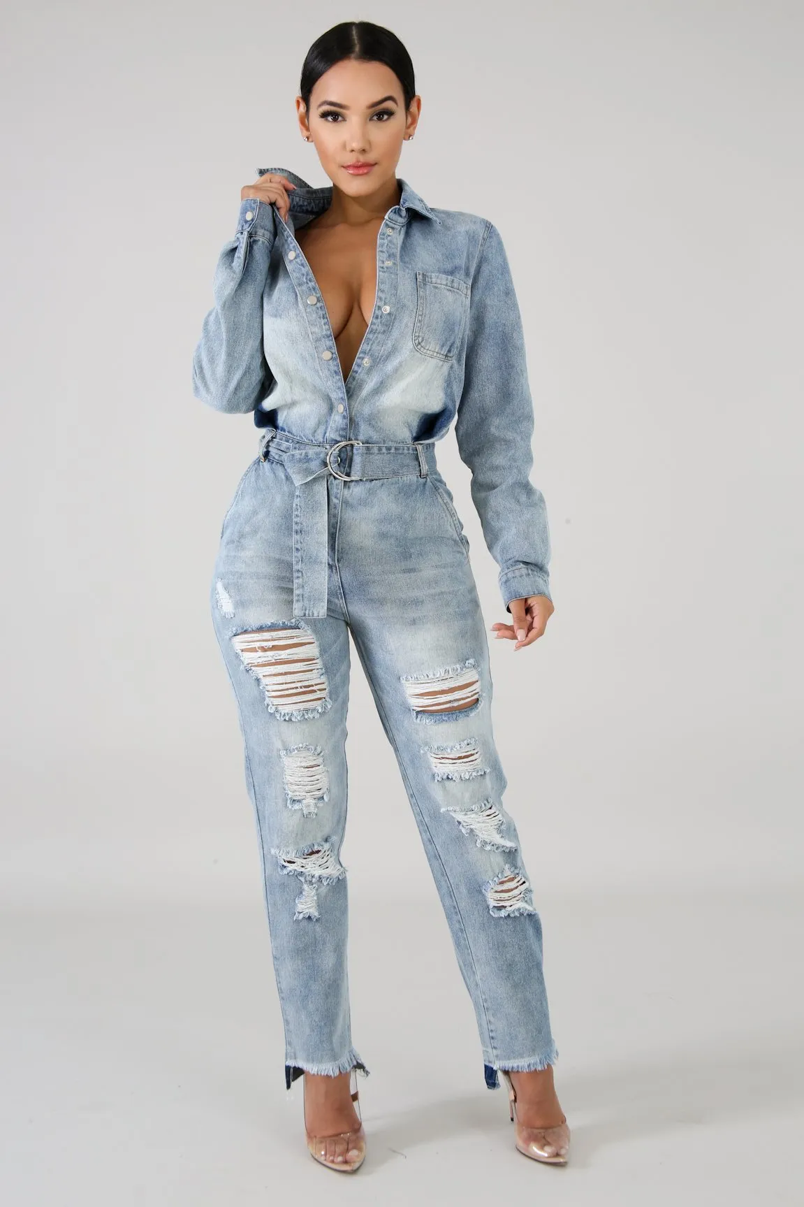 Denim Distressed Jumpsuit