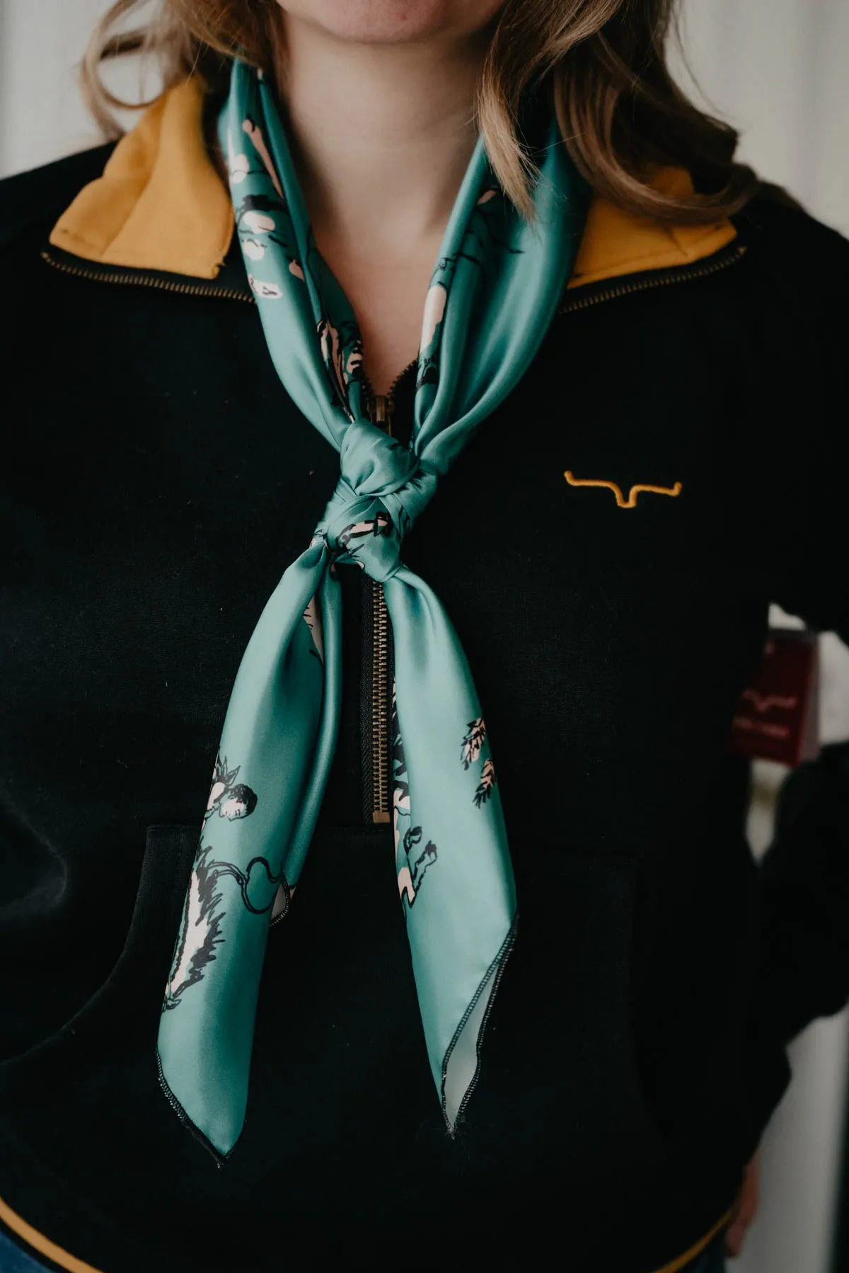 'Let er Rip' Bronc & Bull Printed Teal Satin Wild Rag