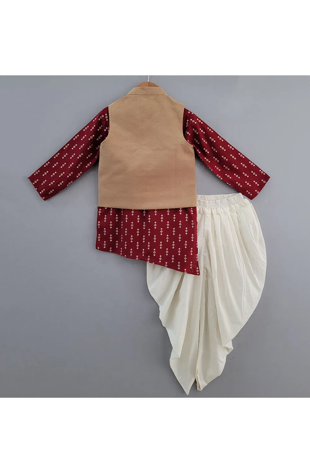 Maroon Printed Kurta With Beige Jacket Set