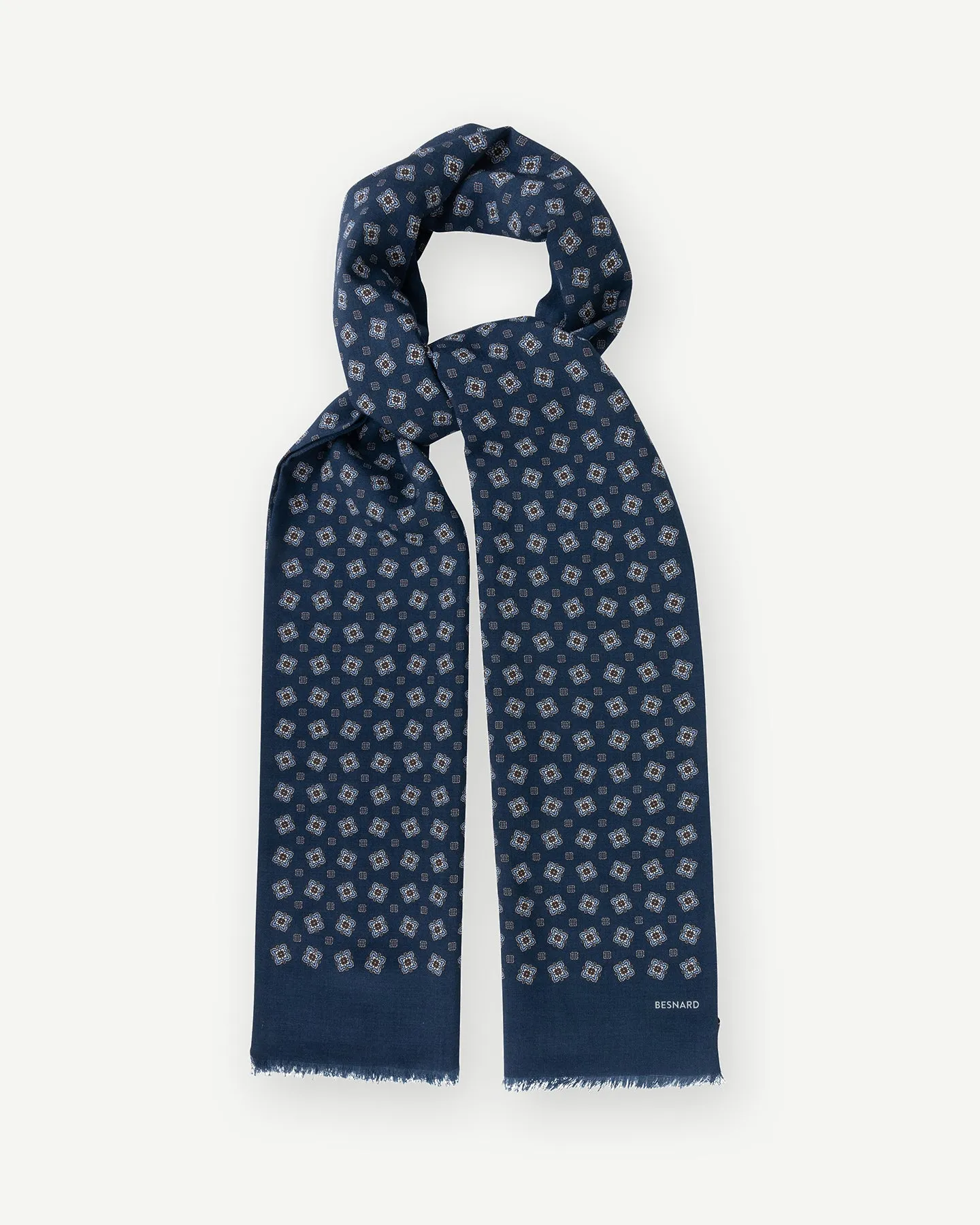 Navy Medallion Print Wool Silk Scarf