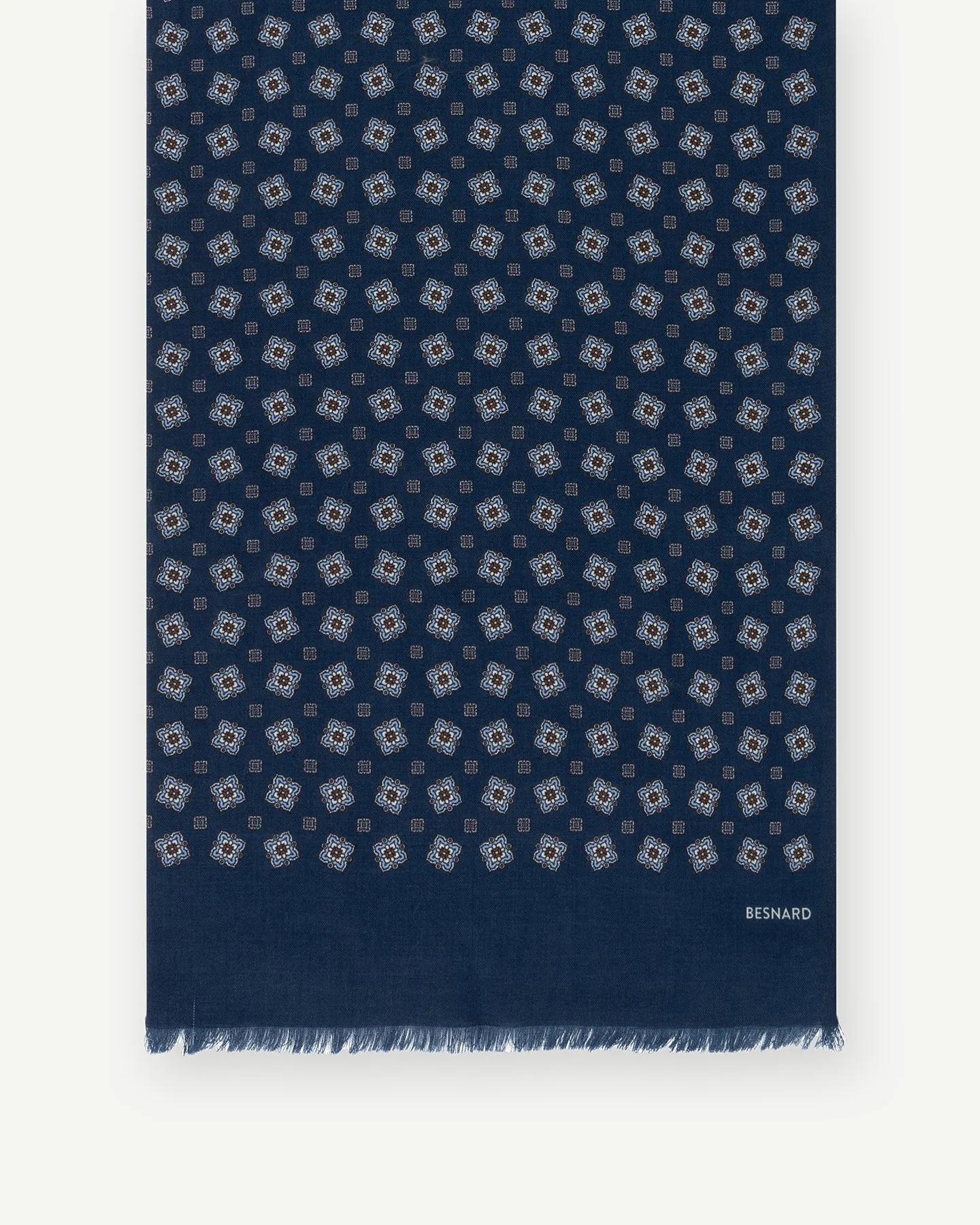 Navy Medallion Print Wool Silk Scarf